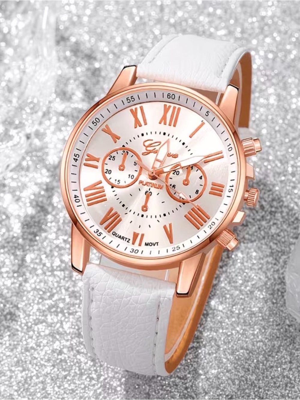 Geneva White Strap Rose Gold Accent Women's Watch
